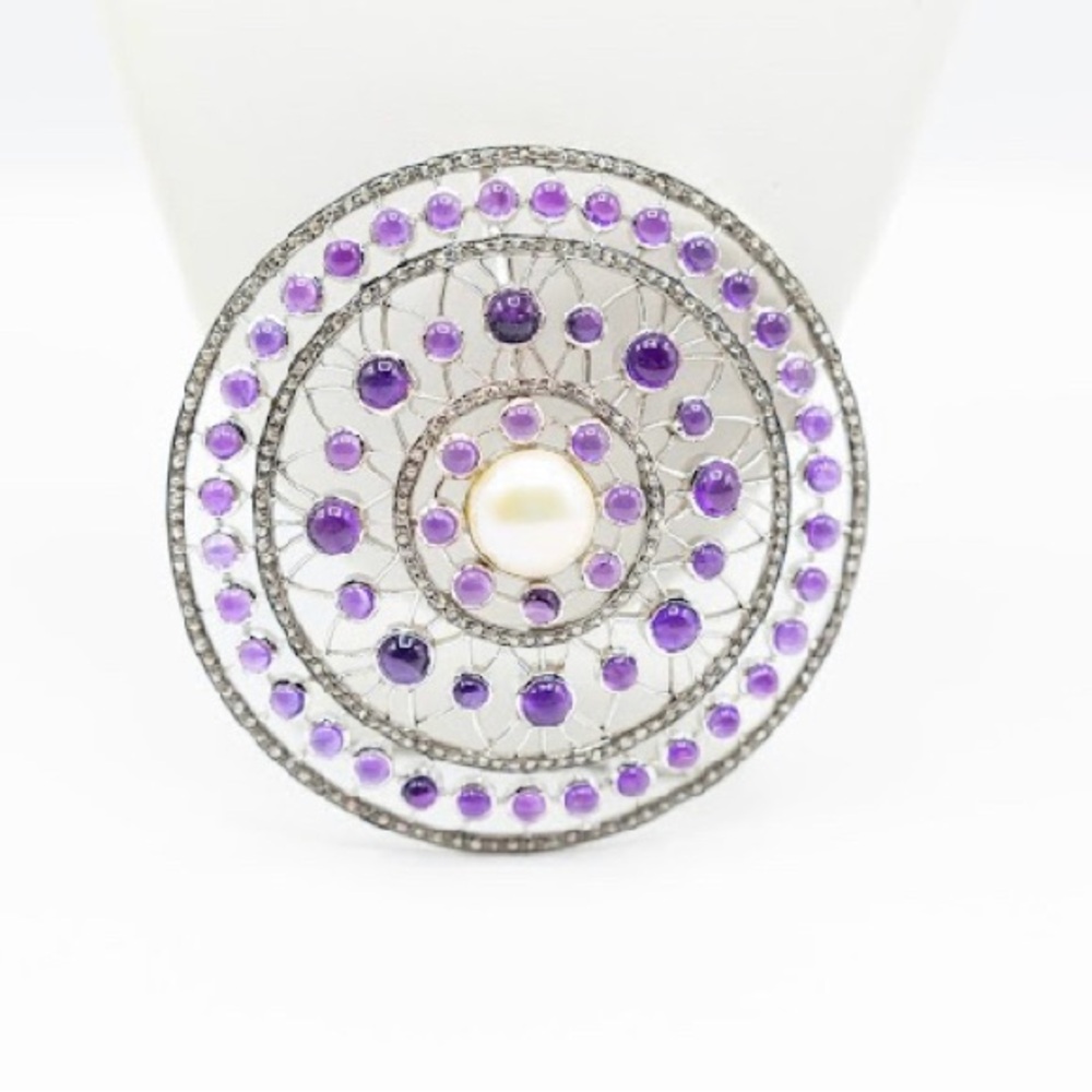 Large circular amethyst and diamonds pendent in Sterling silver .